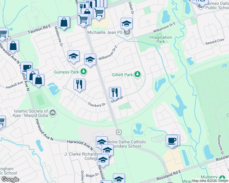 map of restaurants, bars, coffee shops, grocery stores, and more near 50 Keith-Wright Crescent in Ajax