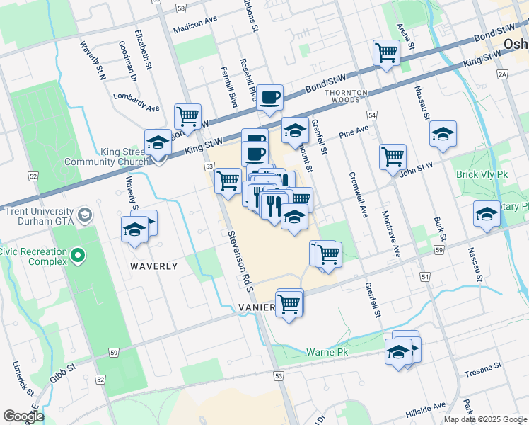 map of restaurants, bars, coffee shops, grocery stores, and more near 419 Elmgrove Avenue in Oshawa