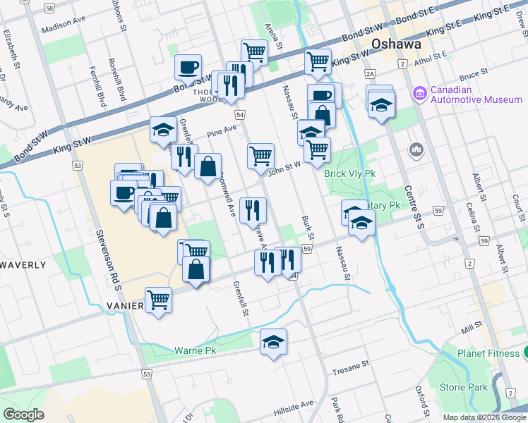 map of restaurants, bars, coffee shops, grocery stores, and more near 190 Park Road South in Oshawa