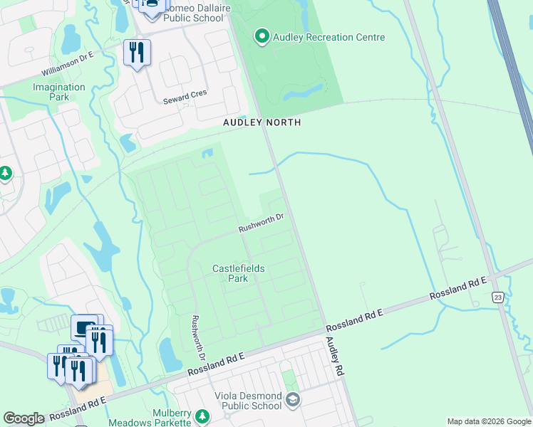 map of restaurants, bars, coffee shops, grocery stores, and more near 4 Aquilina Court in Ajax