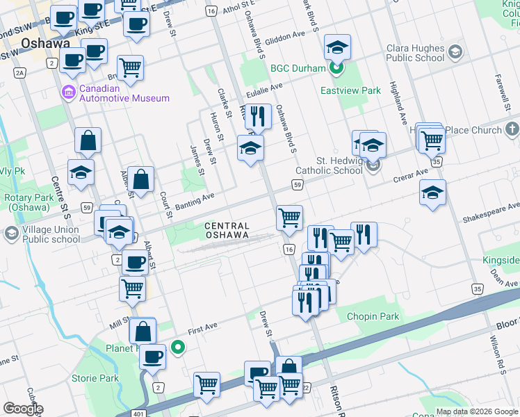 map of restaurants, bars, coffee shops, grocery stores, and more near 248 Mitchell Avenue in Oshawa