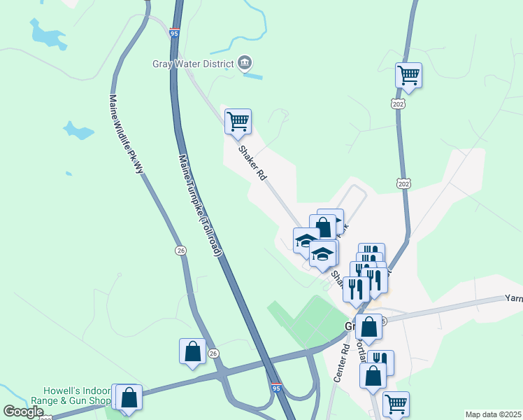 map of restaurants, bars, coffee shops, grocery stores, and more near 51 Shaker Road in Gray