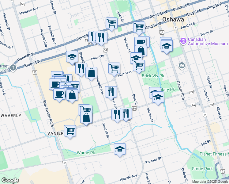 map of restaurants, bars, coffee shops, grocery stores, and more near 190 Park Road South in Oshawa