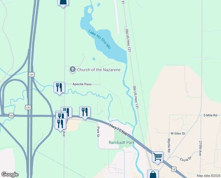 map of restaurants, bars, coffee shops, grocery stores, and more near 21849 Apache Pass in Reed City