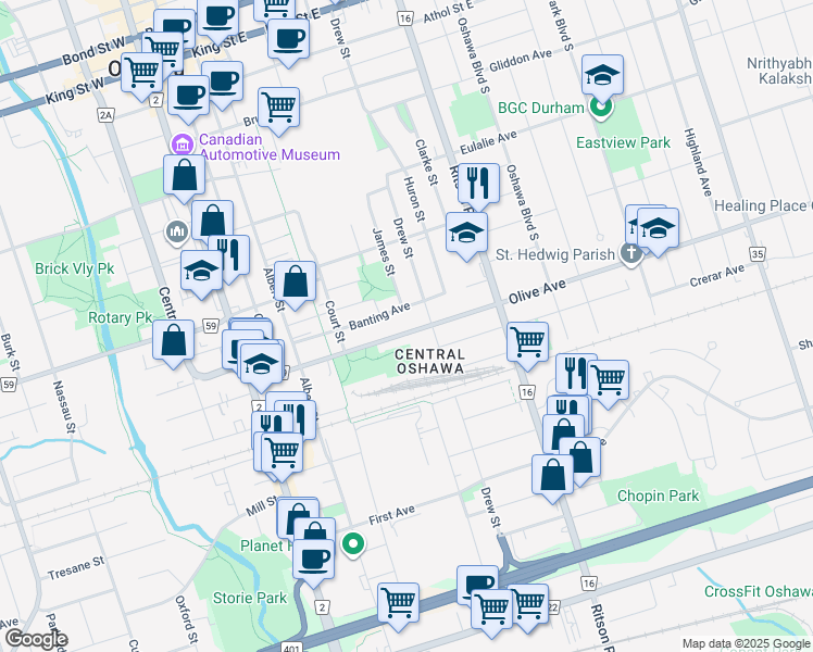 map of restaurants, bars, coffee shops, grocery stores, and more near 176 Olive Avenue in Oshawa