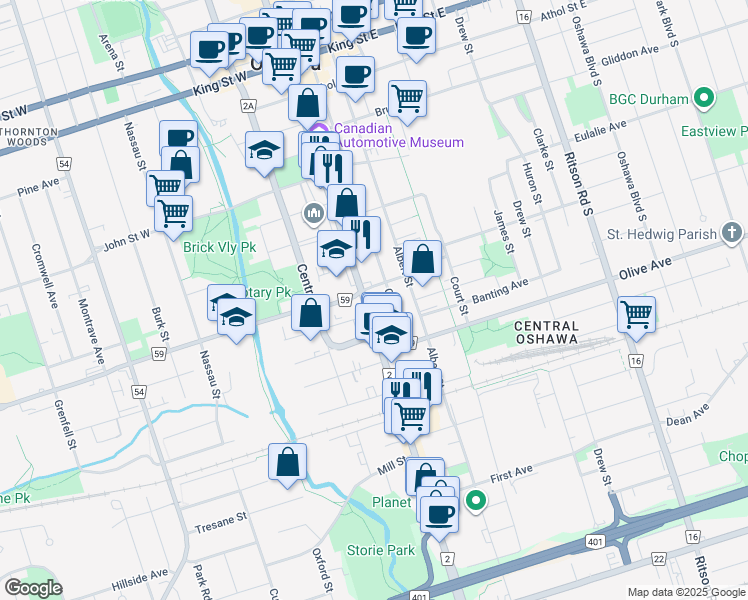 map of restaurants, bars, coffee shops, grocery stores, and more near 281 Simcoe Street South in Oshawa