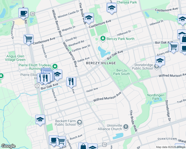 map of restaurants, bars, coffee shops, grocery stores, and more near 60 Orchard Hill Boulevard in Markham