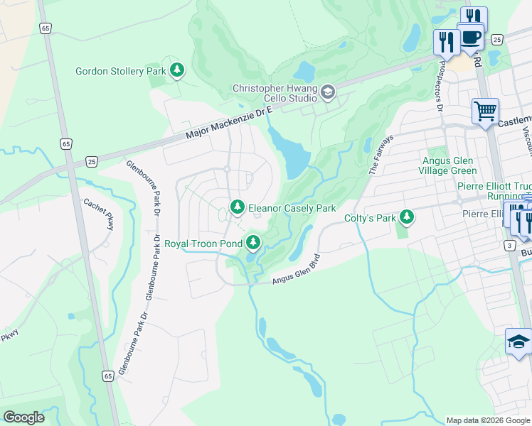 map of restaurants, bars, coffee shops, grocery stores, and more near 15 Stollery Pond Crescent in Markham