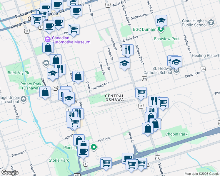 map of restaurants, bars, coffee shops, grocery stores, and more near in Oshawa