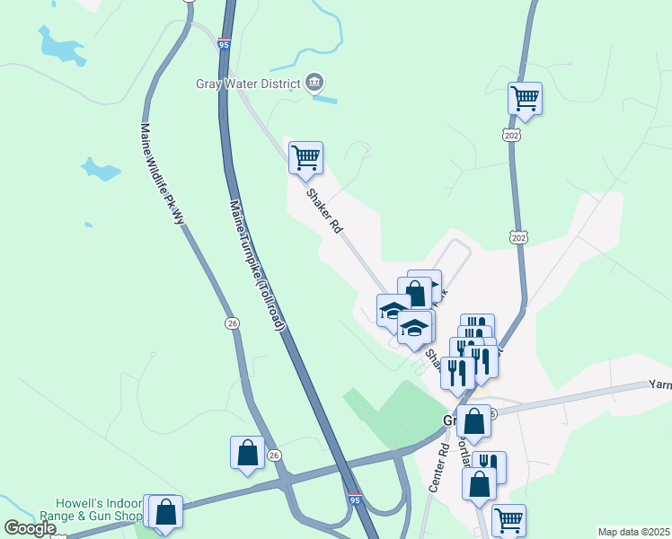 map of restaurants, bars, coffee shops, grocery stores, and more near 51 Shaker Road in Gray