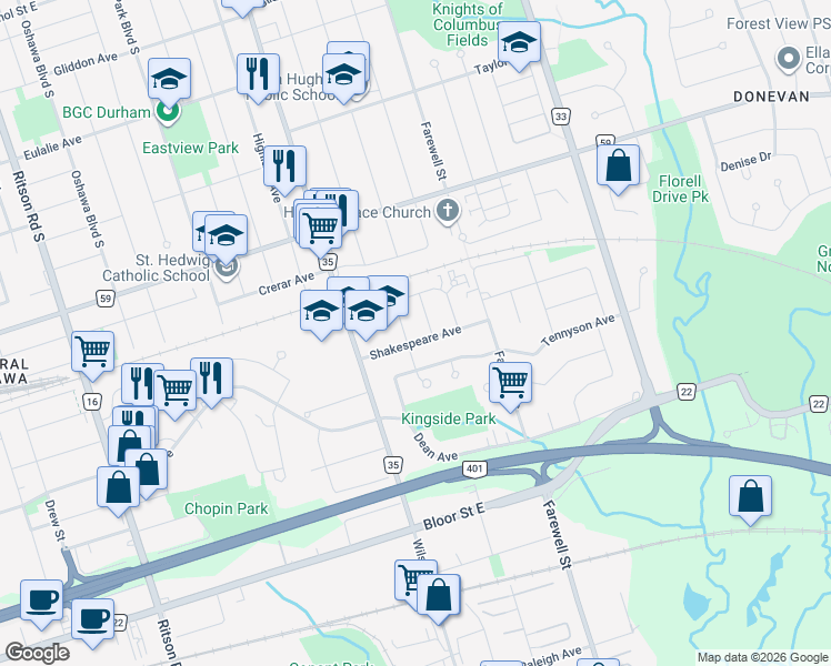 map of restaurants, bars, coffee shops, grocery stores, and more near 606 Shakespeare Avenue in Oshawa