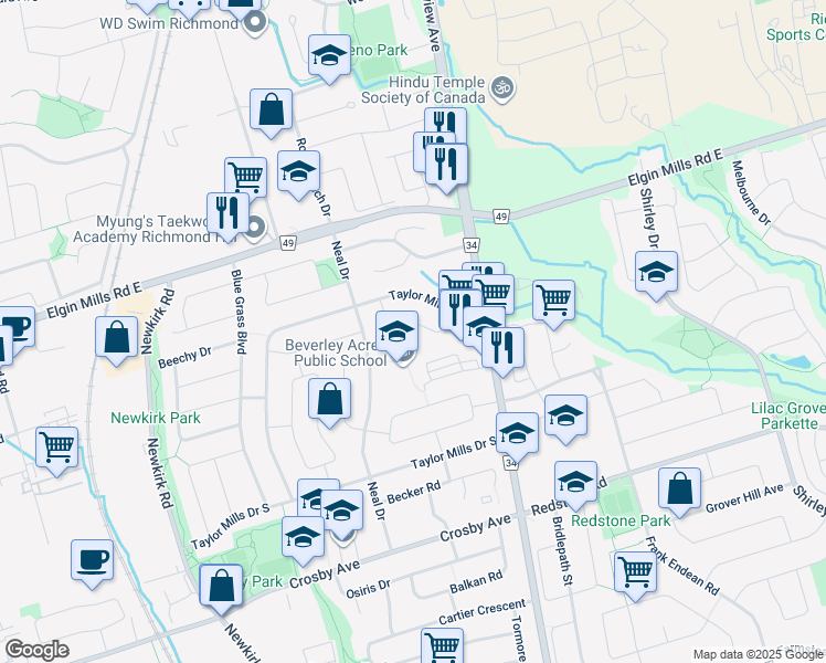 map of restaurants, bars, coffee shops, grocery stores, and more near 410 Marybay Crescent in Richmond Hill