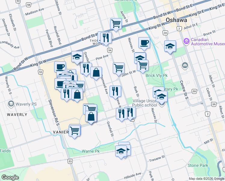 map of restaurants, bars, coffee shops, grocery stores, and more near 176 Montrave Avenue in Oshawa