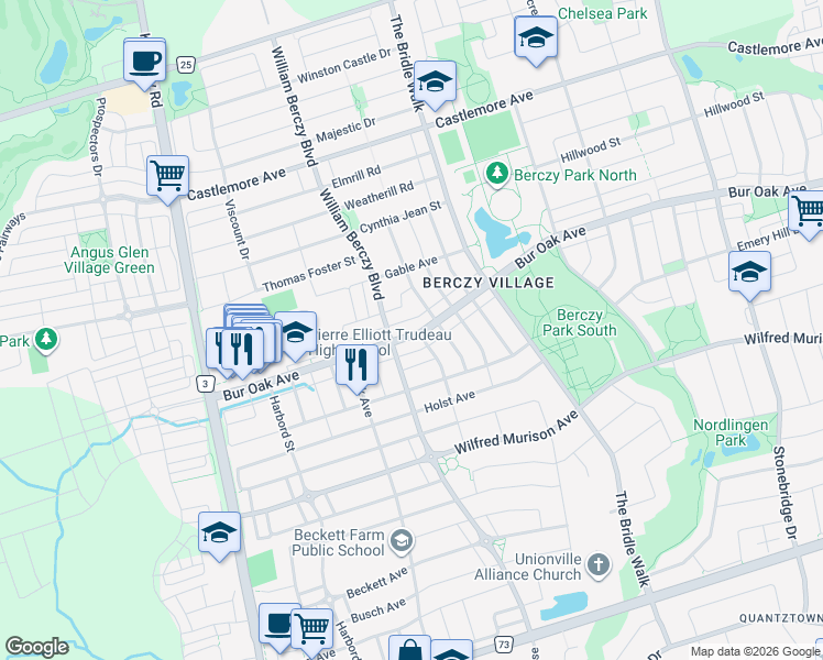 map of restaurants, bars, coffee shops, grocery stores, and more near 198 Bur Oak Avenue in Markham