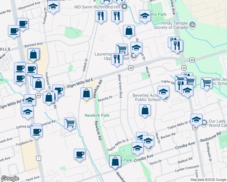 map of restaurants, bars, coffee shops, grocery stores, and more near 246 Zelda Crescent in Richmond Hill