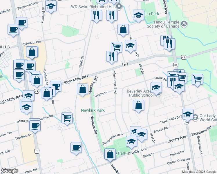 map of restaurants, bars, coffee shops, grocery stores, and more near 246 Zelda Crescent in Richmond Hill
