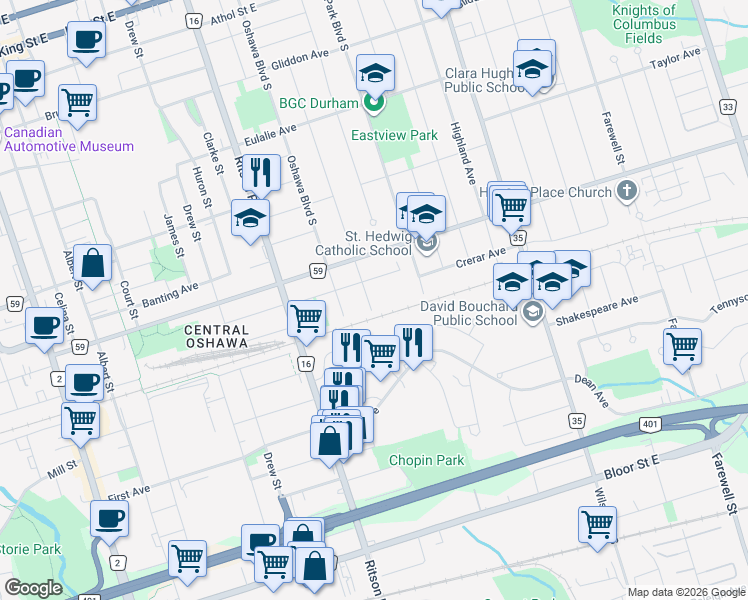 map of restaurants, bars, coffee shops, grocery stores, and more near 391 Verdun Road in Oshawa