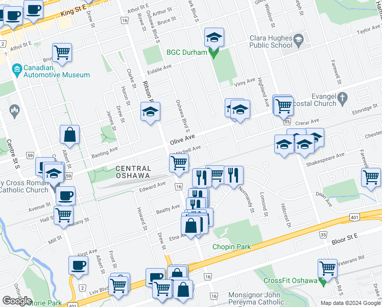 map of restaurants, bars, coffee shops, grocery stores, and more near 374 Oshawa Boulevard South in Oshawa