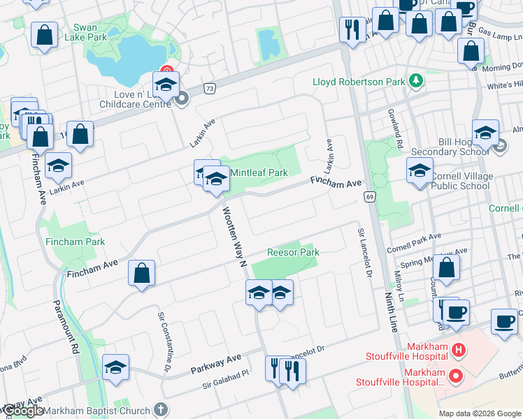 map of restaurants, bars, coffee shops, grocery stores, and more near 14 Parkinson Road in Markham