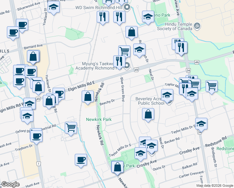 map of restaurants, bars, coffee shops, grocery stores, and more near 250 Zelda Crescent in Richmond Hill