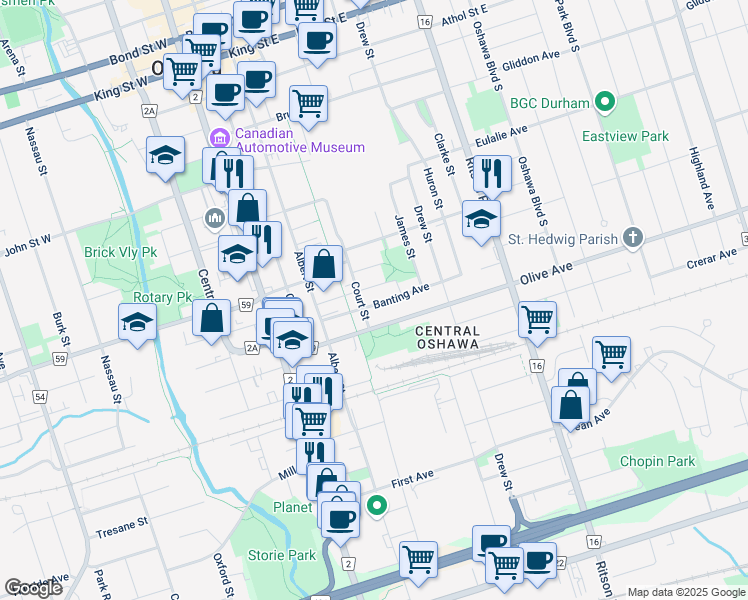 map of restaurants, bars, coffee shops, grocery stores, and more near in Oshawa