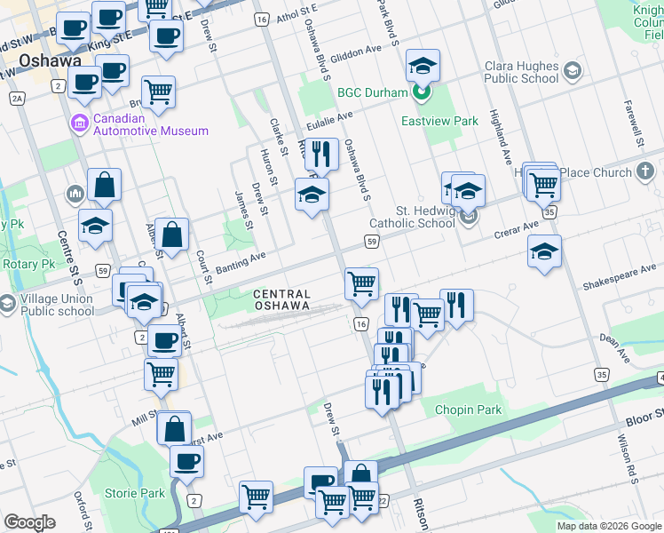 map of restaurants, bars, coffee shops, grocery stores, and more near 356 Ritson Road South in Oshawa