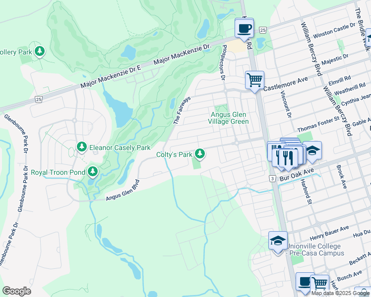 map of restaurants, bars, coffee shops, grocery stores, and more near 76 Angus Glen Boulevard in Markham