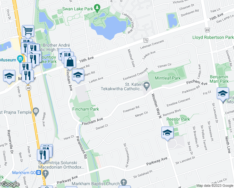 map of restaurants, bars, coffee shops, grocery stores, and more near 17 Garnish Green in Markham