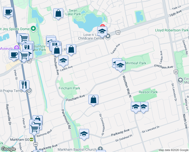 map of restaurants, bars, coffee shops, grocery stores, and more near 17 Garnish Green in Markham