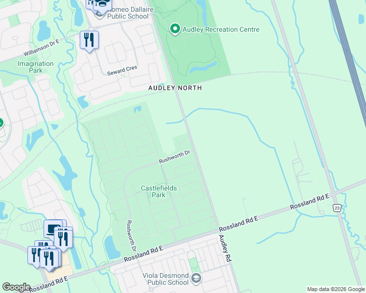 map of restaurants, bars, coffee shops, grocery stores, and more near 5 Aquilina Court in Ajax