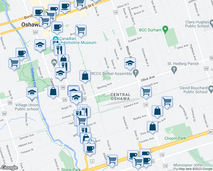 map of restaurants, bars, coffee shops, grocery stores, and more near Banting Avenue in Oshawa