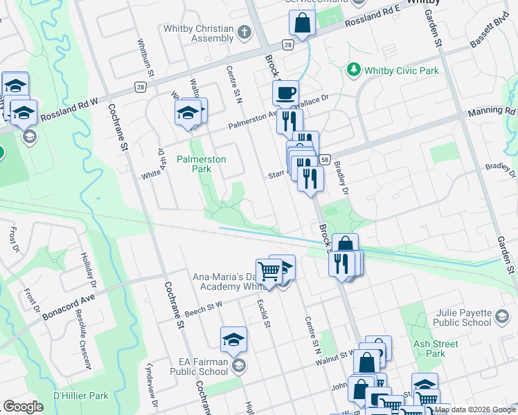 map of restaurants, bars, coffee shops, grocery stores, and more near 30 Rosewood Court in Whitby