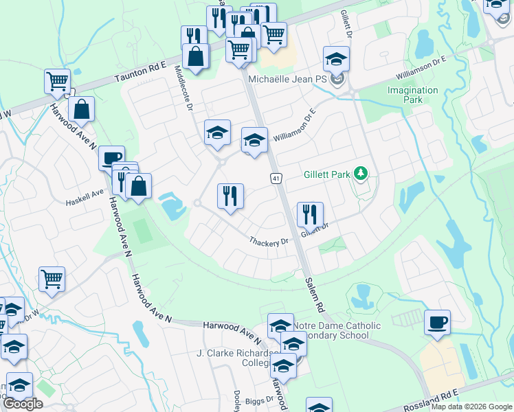 map of restaurants, bars, coffee shops, grocery stores, and more near Hinsley Crescent in Ajax