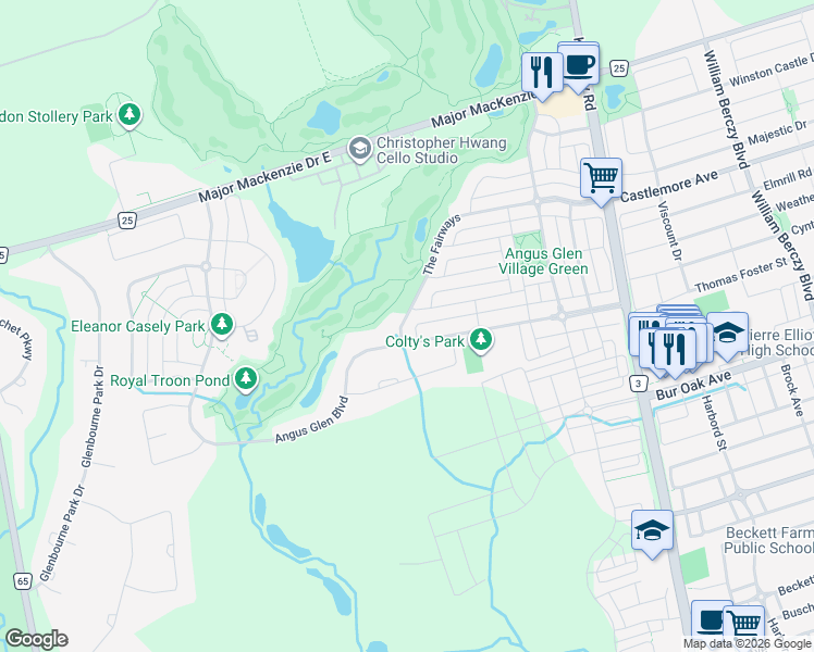 map of restaurants, bars, coffee shops, grocery stores, and more near 5 The Fairways in Markham