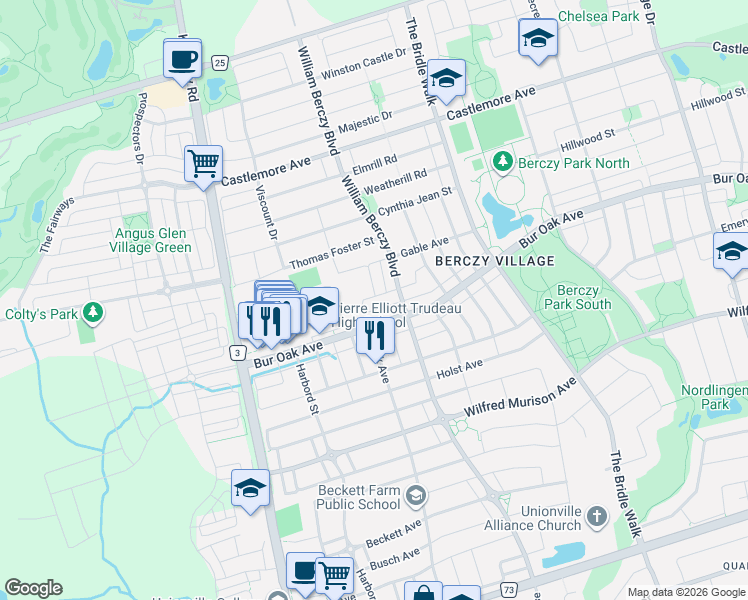 map of restaurants, bars, coffee shops, grocery stores, and more near 25 Olivia Drive in Markham