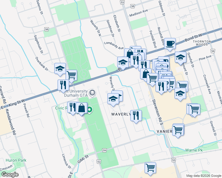 map of restaurants, bars, coffee shops, grocery stores, and more near 54 Waverly Street South in Oshawa