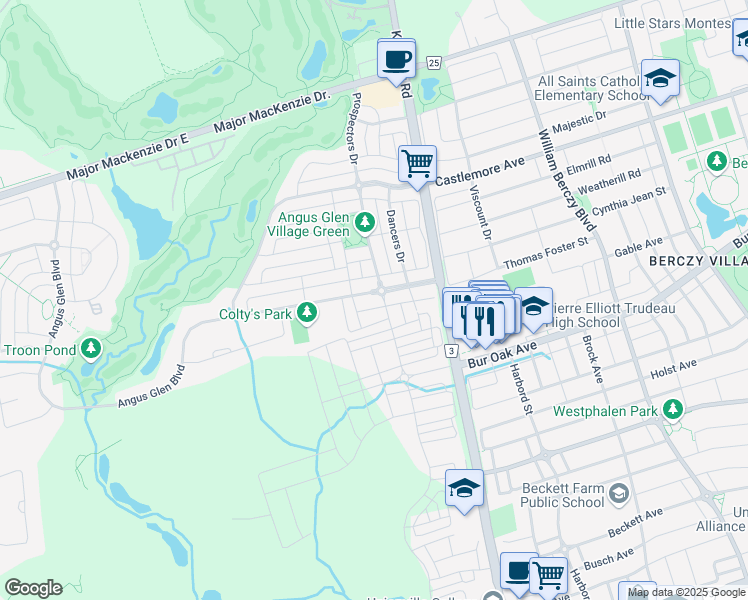 map of restaurants, bars, coffee shops, grocery stores, and more near 31 Angus Glen Boulevard in Markham