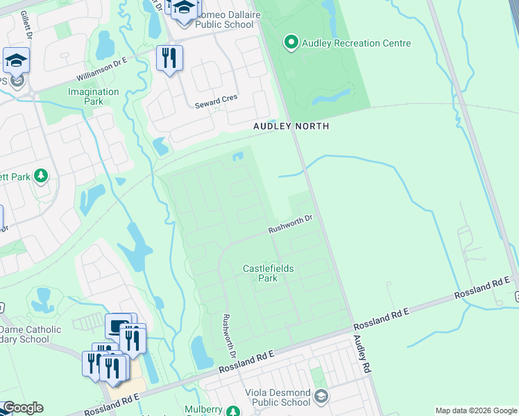 map of restaurants, bars, coffee shops, grocery stores, and more near 4 Bellotti Crescent in Ajax