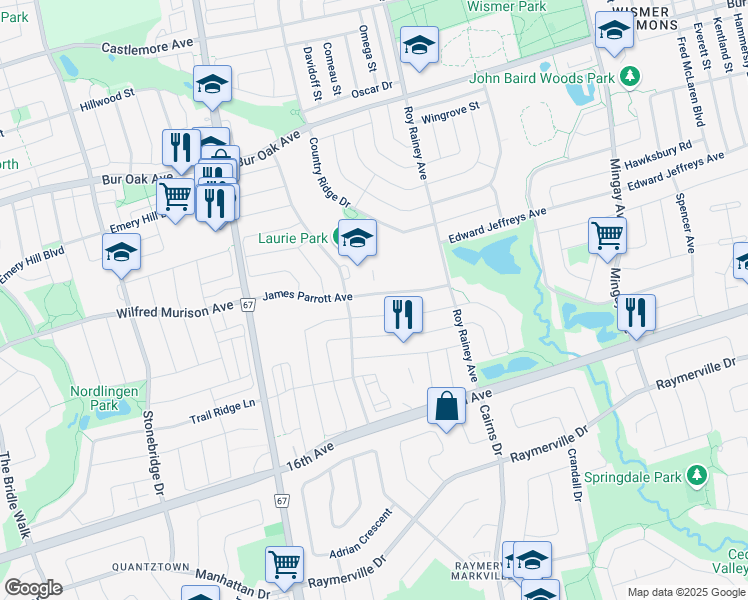 map of restaurants, bars, coffee shops, grocery stores, and more near 67 James Parrot Avenue in Markham