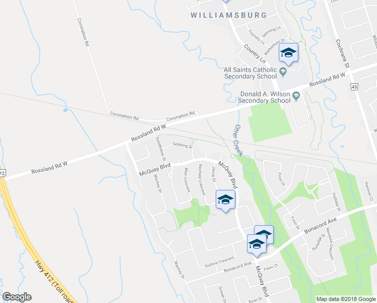 map of restaurants, bars, coffee shops, grocery stores, and more near 12 Goldring Drive in Whitby