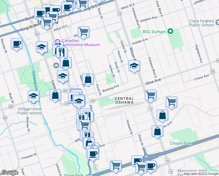 map of restaurants, bars, coffee shops, grocery stores, and more near 144 Banting Avenue in Oshawa