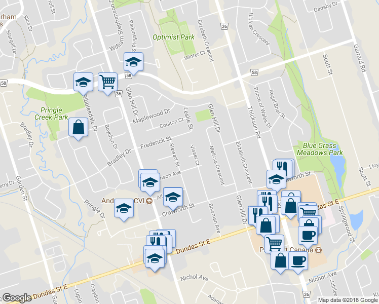 map of restaurants, bars, coffee shops, grocery stores, and more near 4 Hiscox Court in Whitby