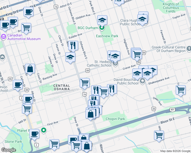 map of restaurants, bars, coffee shops, grocery stores, and more near 343 Mitchell Avenue in Oshawa