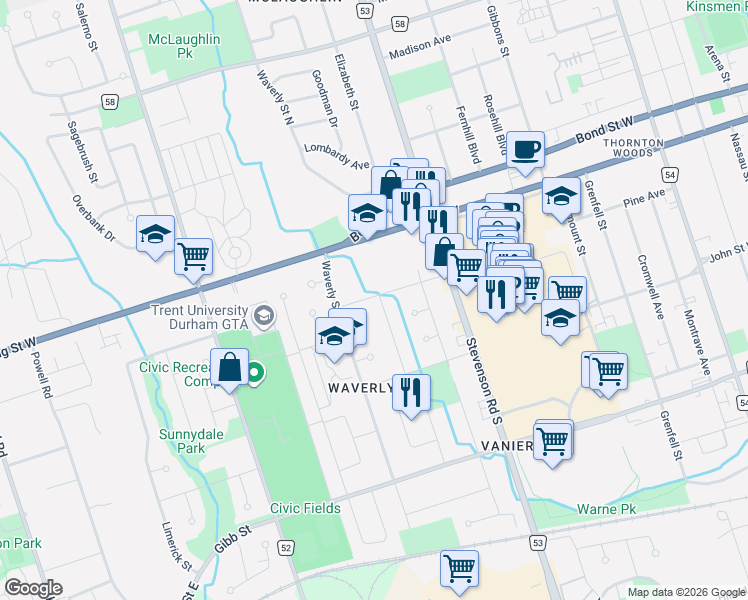 map of restaurants, bars, coffee shops, grocery stores, and more near 66 Cabot Street in Oshawa