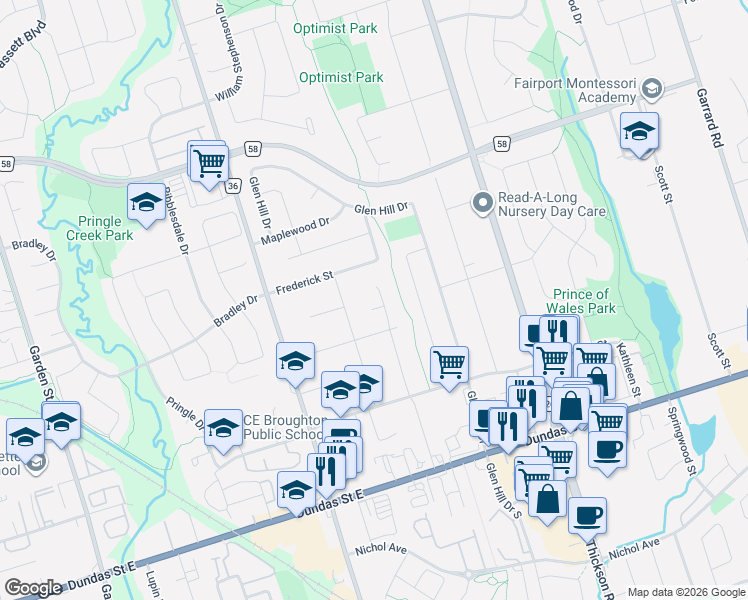 map of restaurants, bars, coffee shops, grocery stores, and more near 4 Hiscox Court in Whitby