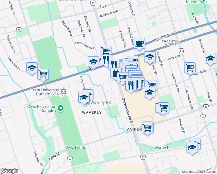 map of restaurants, bars, coffee shops, grocery stores, and more near 106 Durham Street in Oshawa