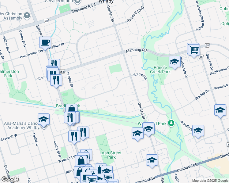 map of restaurants, bars, coffee shops, grocery stores, and more near 142 Evensong Drive in Whitby