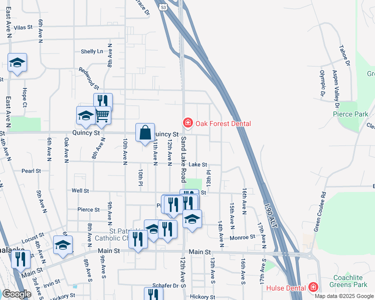 map of restaurants, bars, coffee shops, grocery stores, and more near 1245 Lake Street in Onalaska