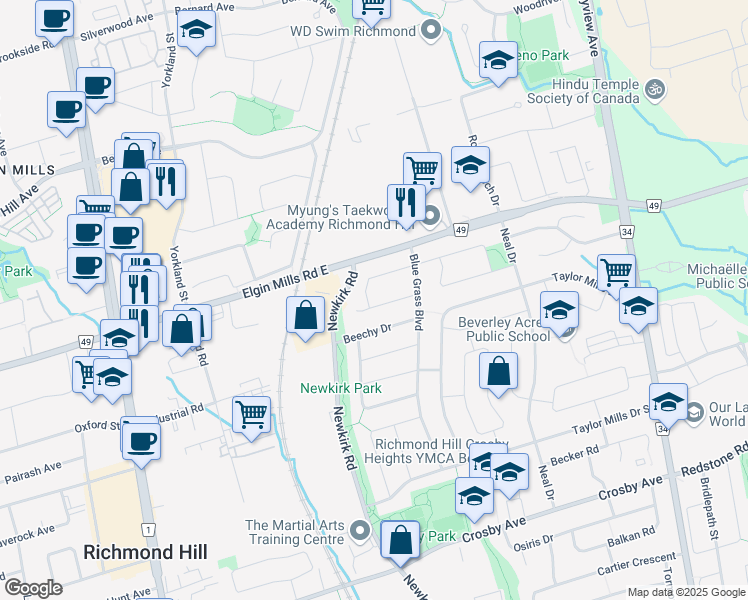 map of restaurants, bars, coffee shops, grocery stores, and more near 229 Zelda Crescent in Richmond Hill