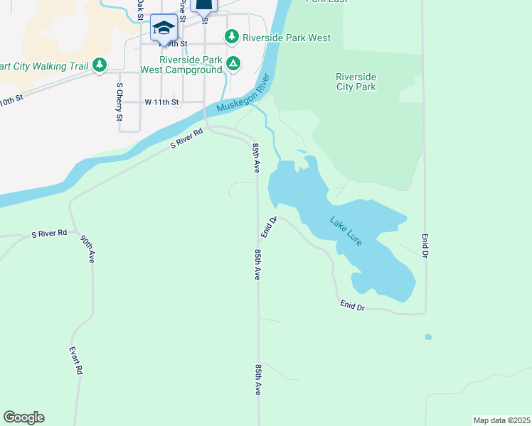 map of restaurants, bars, coffee shops, grocery stores, and more near 8275 Enid Drive in Evart